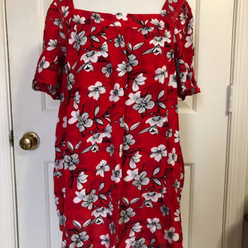 Caffé Marrakesh Square Neck Flutter Sleeve Floral Red Shirt / Blouse (XL)